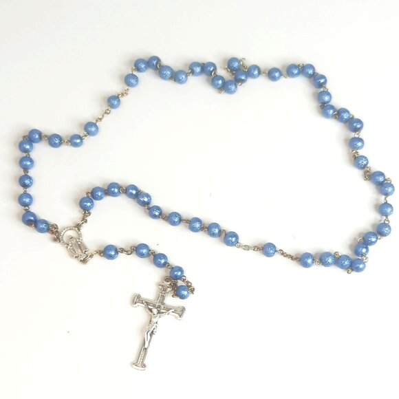 Vintage Blue Silver-Tone Rosary Necklace Sacred Miraculous Mary Prayer Beads - Picture 4 of 6